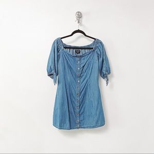Bebe Summer Fall Chic Off Shoulder Button Up Denim Mini Dress w/ Tie Sleeves‎